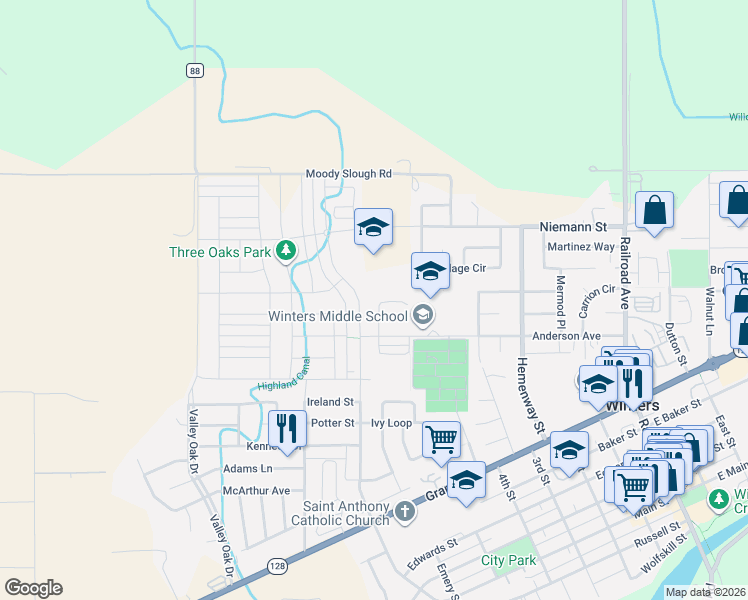 map of restaurants, bars, coffee shops, grocery stores, and more near 502 Niemann Street in Winters