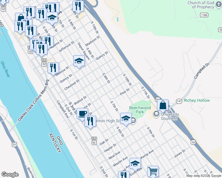 map of restaurants, bars, coffee shops, grocery stores, and more near 1213 South 8th Street in Ironton