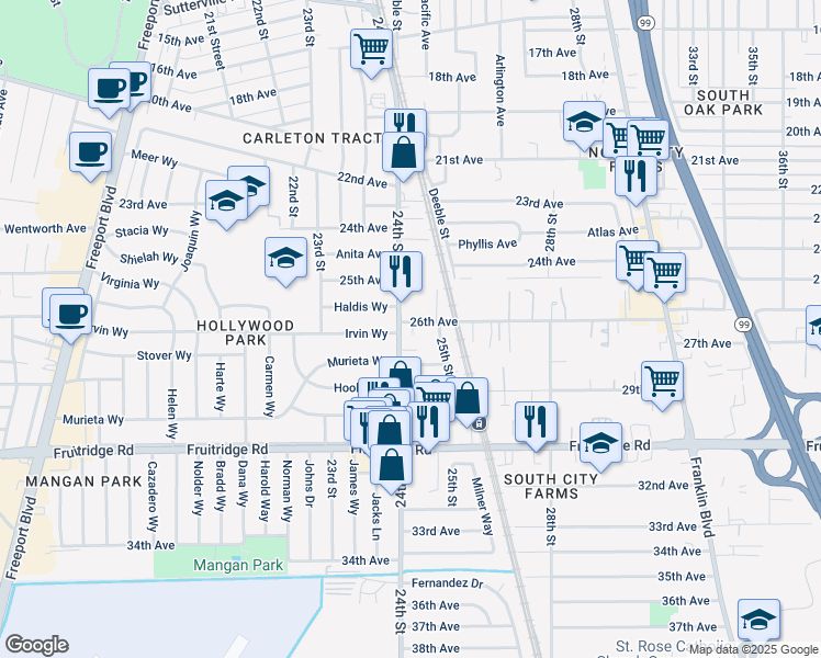 map of restaurants, bars, coffee shops, grocery stores, and more near 2404 26th Avenue in Sacramento