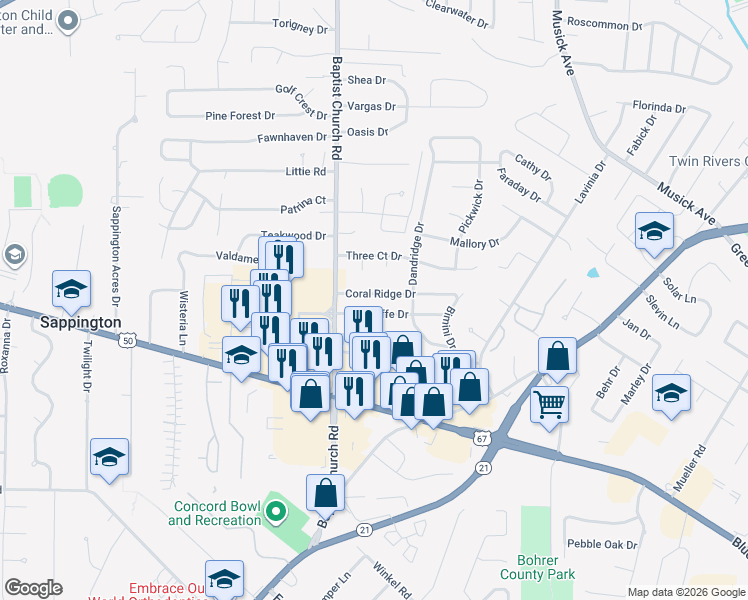 map of restaurants, bars, coffee shops, grocery stores, and more near 10933 Coral Ridge Drive in St. Louis