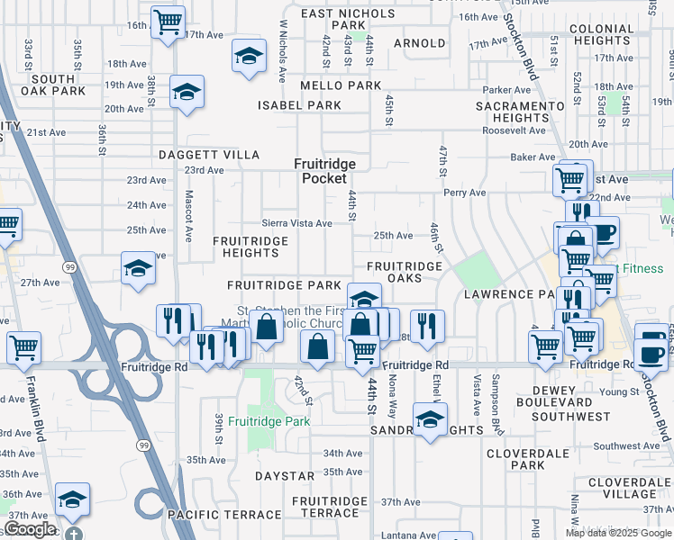 map of restaurants, bars, coffee shops, grocery stores, and more near 4241 26th Avenue in Sacramento