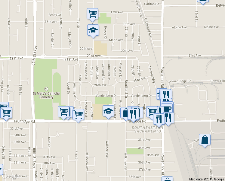 map of restaurants, bars, coffee shops, grocery stores, and more near 5101 Standish Road in Sacramento