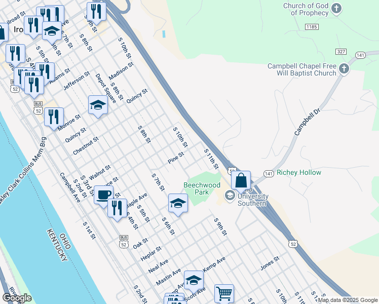 map of restaurants, bars, coffee shops, grocery stores, and more near 1013 Pine Street in Ironton