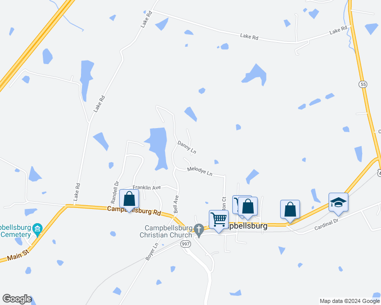 map of restaurants, bars, coffee shops, grocery stores, and more near 32 Danny Lane in Campbellsburg