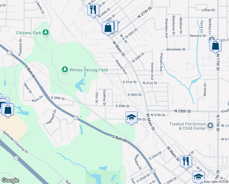 map of restaurants, bars, coffee shops, grocery stores, and more near 2933 Mary Irene Street in Belleville