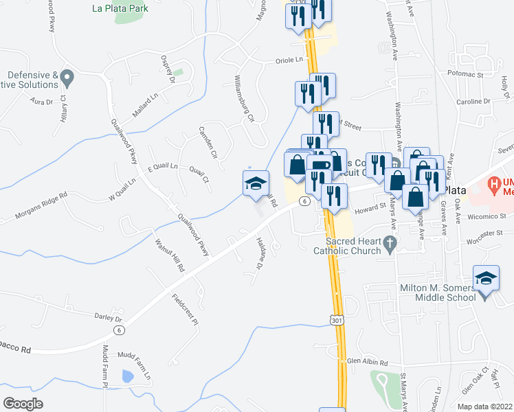 map of restaurants, bars, coffee shops, grocery stores, and more near 104 Port Tobacco Road in La Plata