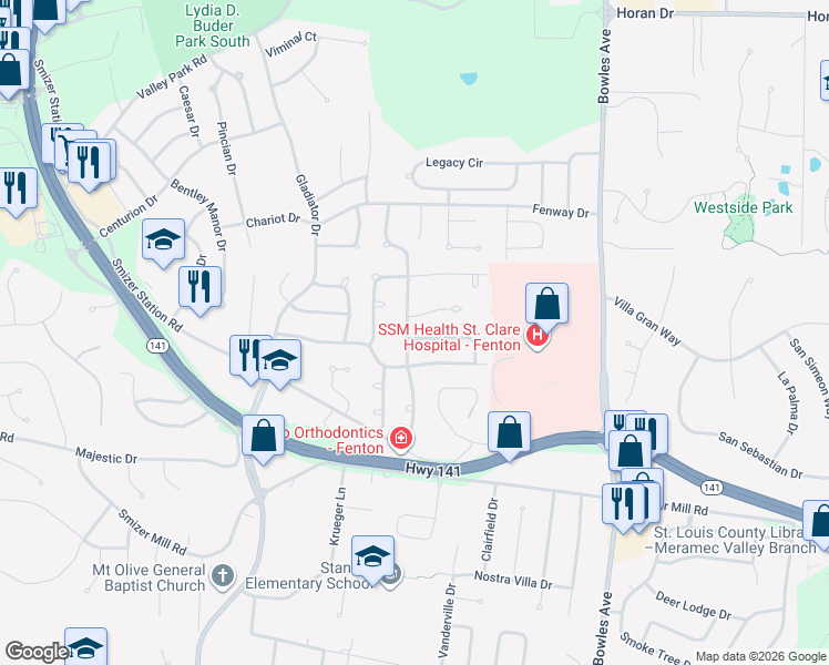 map of restaurants, bars, coffee shops, grocery stores, and more near 1713 Dover Trace Drive in Fenton