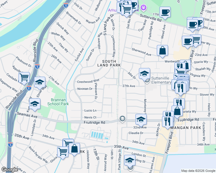 map of restaurants, bars, coffee shops, grocery stores, and more near 5060 Del Rio Road in Sacramento