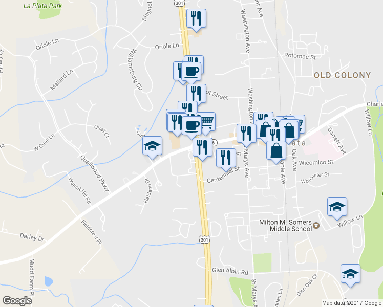 map of restaurants, bars, coffee shops, grocery stores, and more near 6685 Crain Highway in La Plata