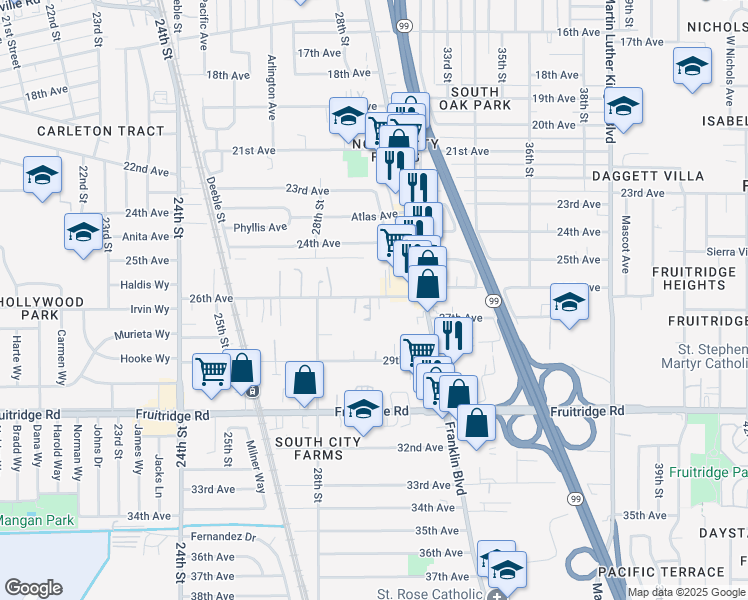 map of restaurants, bars, coffee shops, grocery stores, and more near 2996 26th Avenue in Sacramento