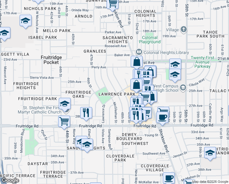 map of restaurants, bars, coffee shops, grocery stores, and more near in Sacramento