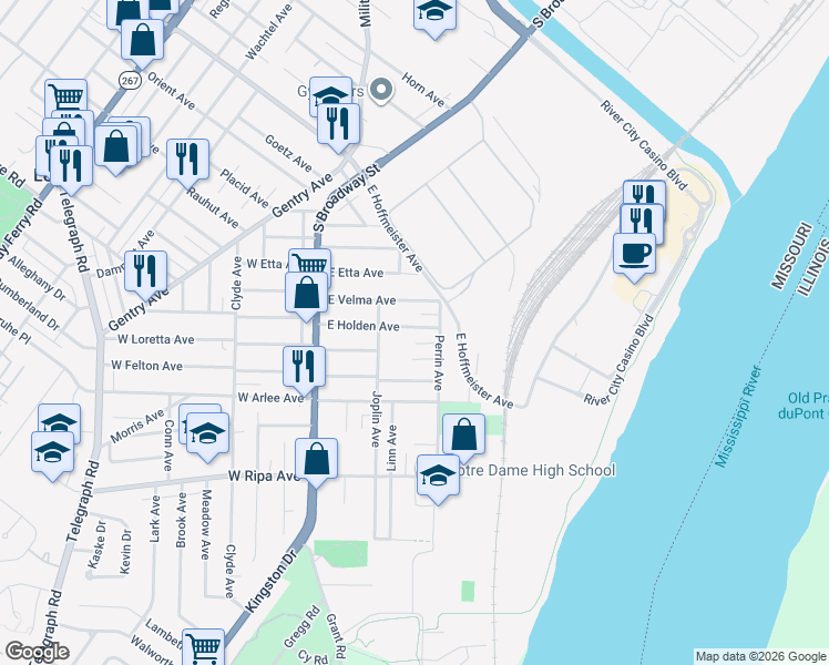 map of restaurants, bars, coffee shops, grocery stores, and more near 208 East Holden Avenue in St. Louis