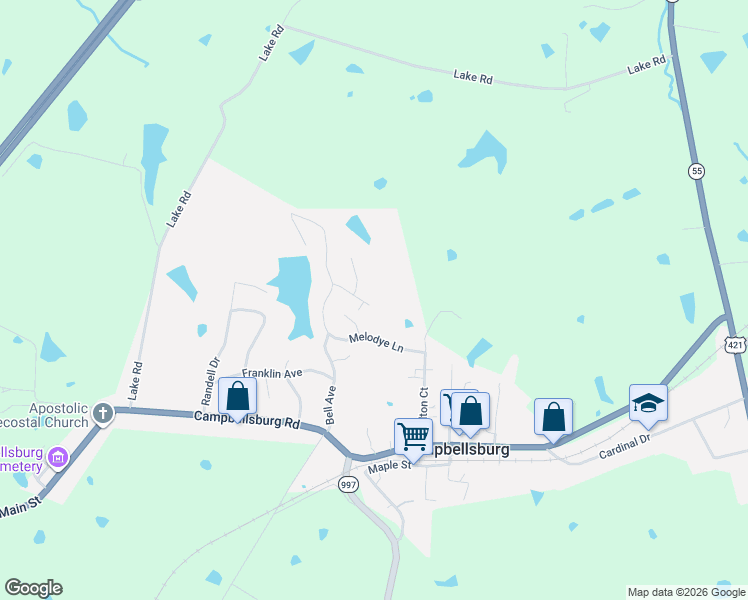 map of restaurants, bars, coffee shops, grocery stores, and more near 60 Danny Ln in Campbellsburg