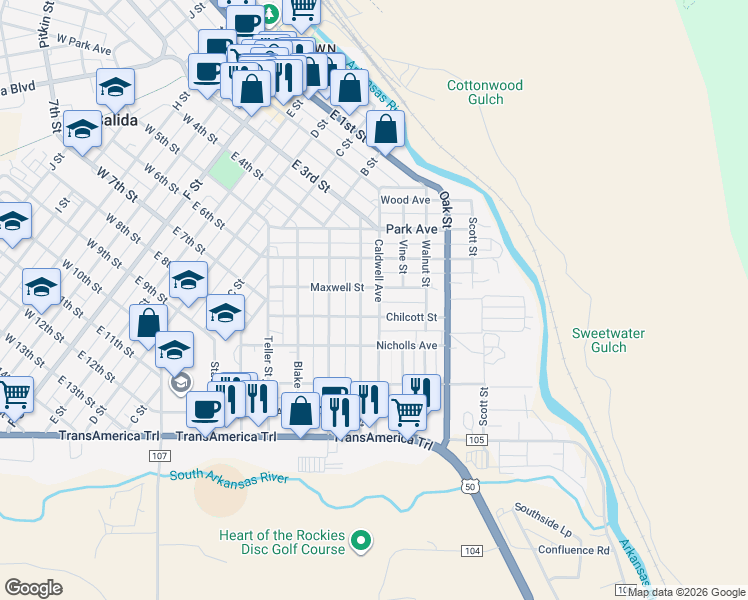 map of restaurants, bars, coffee shops, grocery stores, and more near 302 Hunt Street in Salida