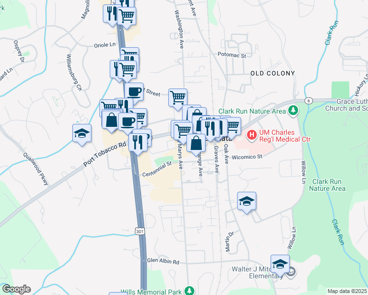 map of restaurants, bars, coffee shops, grocery stores, and more near 6 Saint Marys Avenue in La Plata