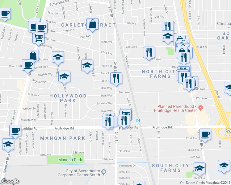 map of restaurants, bars, coffee shops, grocery stores, and more near 24th St & 26th Ave in Sacramento