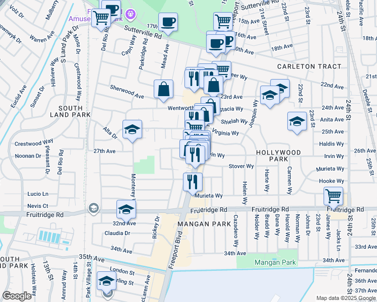 map of restaurants, bars, coffee shops, grocery stores, and more near 1920 Harian Way in Sacramento