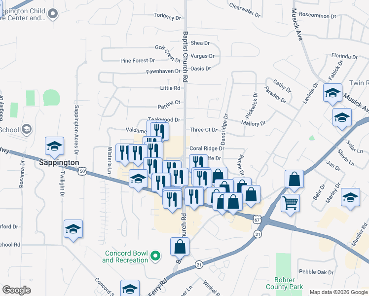 map of restaurants, bars, coffee shops, grocery stores, and more near Baptist Church Rd & Coral Ridge Dr in Concord