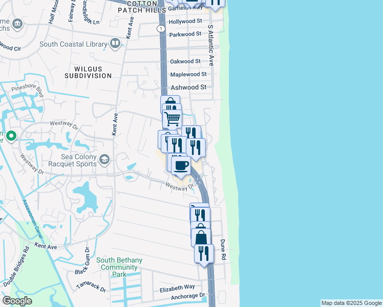 map of restaurants, bars, coffee shops, grocery stores, and more near 39817 Hickman Lane in Bethany Beach