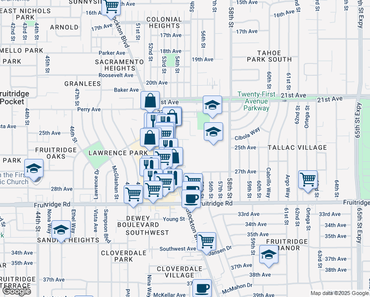 map of restaurants, bars, coffee shops, grocery stores, and more near 5101 Stockton Boulevard in Sacramento