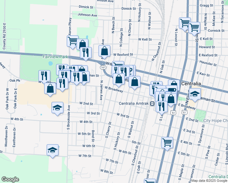 map of restaurants, bars, coffee shops, grocery stores, and more near 453-499 West Broadway in Centralia
