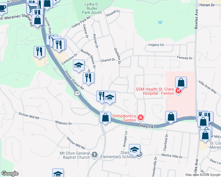 map of restaurants, bars, coffee shops, grocery stores, and more near 2304 Gladiator Drive in Fenton
