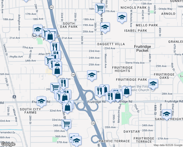 map of restaurants, bars, coffee shops, grocery stores, and more near 3740 26th Avenue in Sacramento