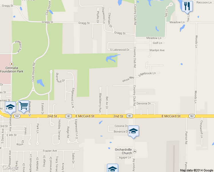 map of restaurants, bars, coffee shops, grocery stores, and more near 30 Bel-Air Dr in Centralia