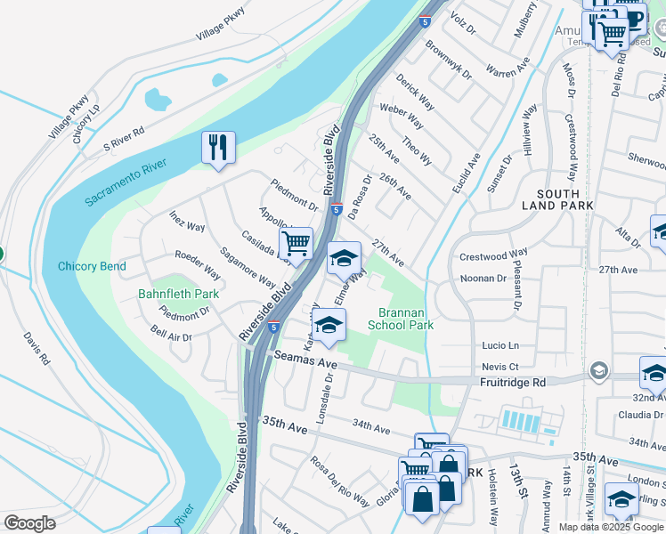 map of restaurants, bars, coffee shops, grocery stores, and more near 5245 Karbet Way in Sacramento