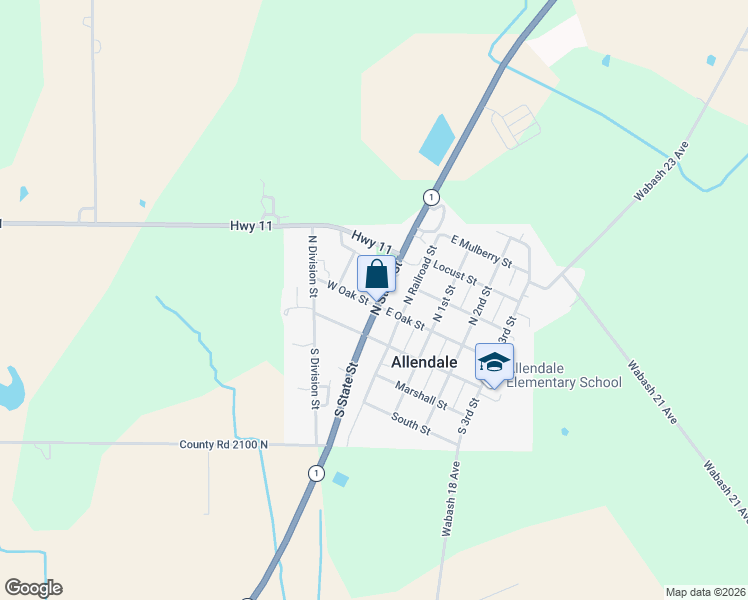 map of restaurants, bars, coffee shops, grocery stores, and more near 101 West Oak Street in Allendale