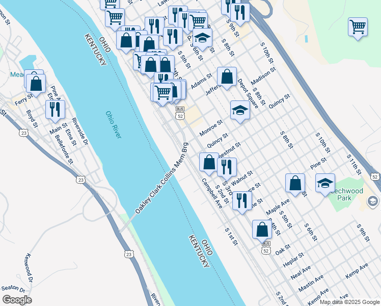 map of restaurants, bars, coffee shops, grocery stores, and more near 824 South 2nd Street in Ironton