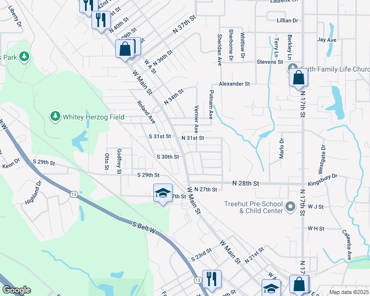 map of restaurants, bars, coffee shops, grocery stores, and more near 3009 West Main Street in Belleville