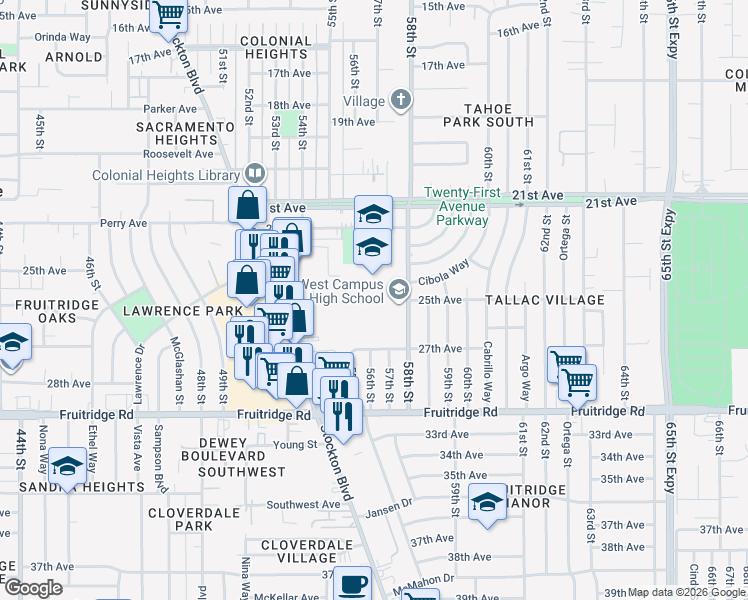 map of restaurants, bars, coffee shops, grocery stores, and more near 5022 58th Street in Sacramento