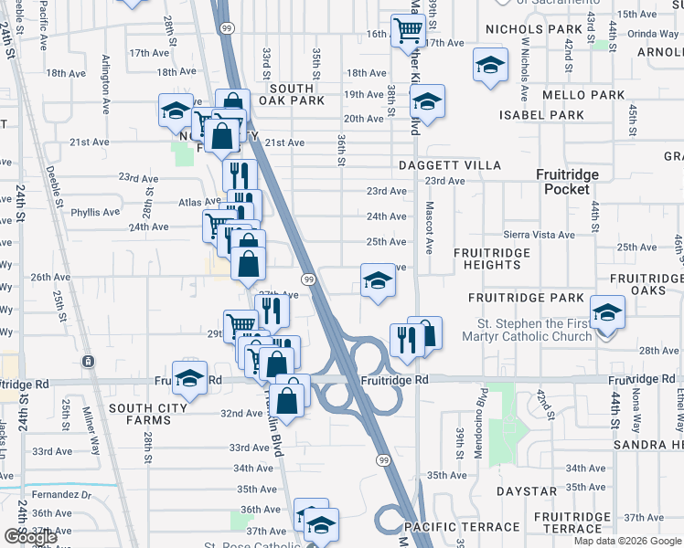 map of restaurants, bars, coffee shops, grocery stores, and more near 3572 26th Avenue in Sacramento