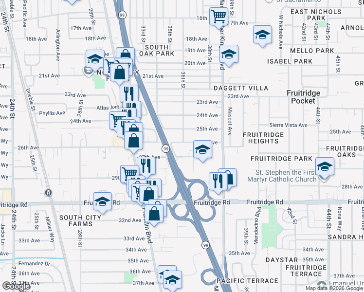 map of restaurants, bars, coffee shops, grocery stores, and more near 3572 26th Avenue in Sacramento