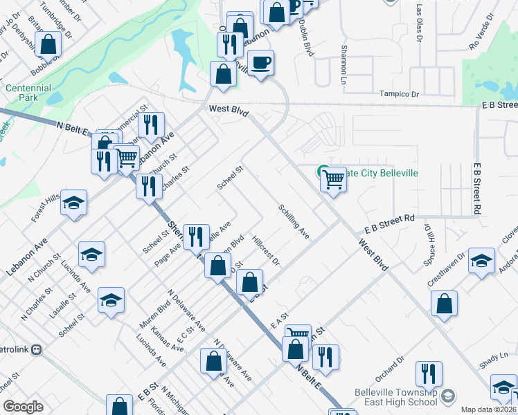 map of restaurants, bars, coffee shops, grocery stores, and more near 2144 Muren Boulevard in Belleville