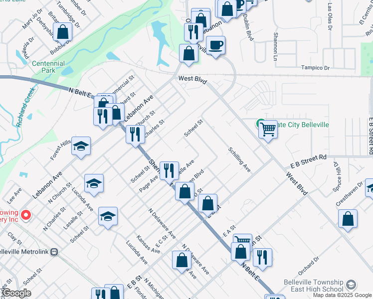 map of restaurants, bars, coffee shops, grocery stores, and more near 2122 East Belle Avenue in Belleville