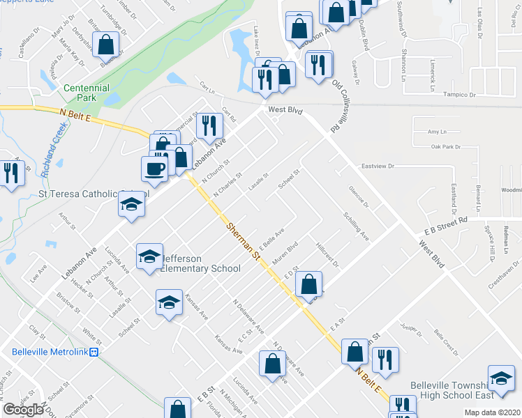 map of restaurants, bars, coffee shops, grocery stores, and more near 804 Dewey Street in Belleville