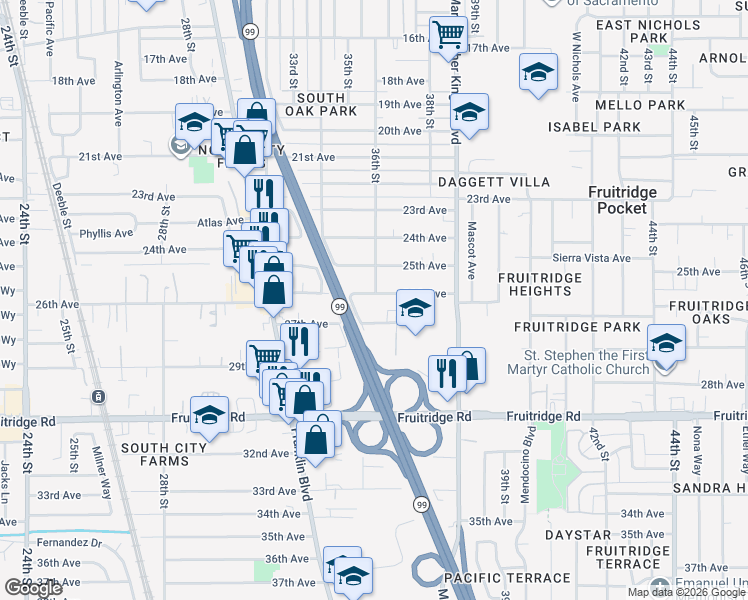 map of restaurants, bars, coffee shops, grocery stores, and more near 3572 26th Avenue in Sacramento