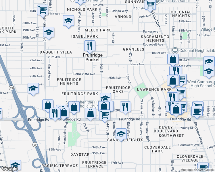 map of restaurants, bars, coffee shops, grocery stores, and more near 4400 25th Avenue in Sacramento
