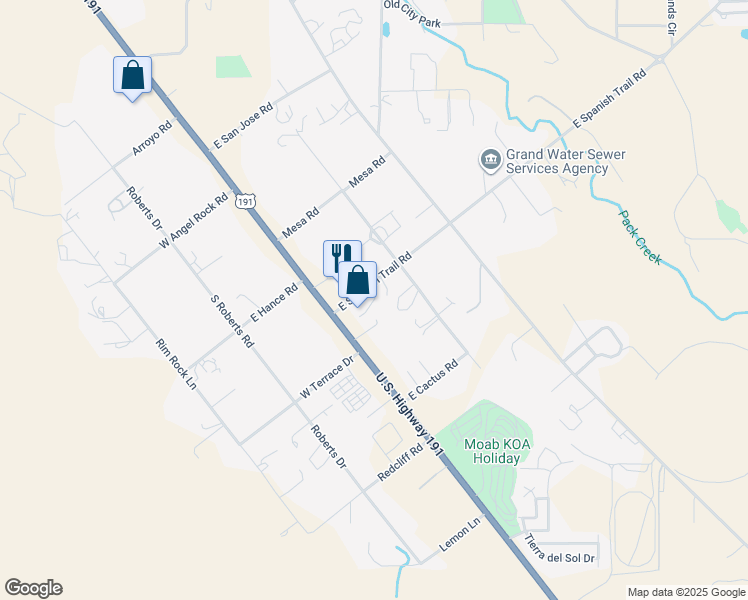 map of restaurants, bars, coffee shops, grocery stores, and more near 2446 Spanish Trail Rd in Moab