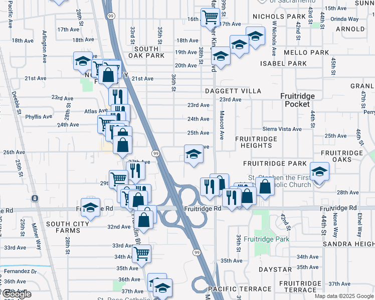map of restaurants, bars, coffee shops, grocery stores, and more near 3680 26th Avenue in Sacramento