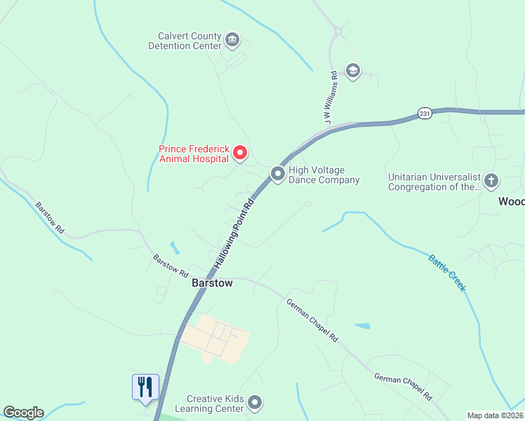 map of restaurants, bars, coffee shops, grocery stores, and more near 2580 Hallowing Point Road in Prince Frederick