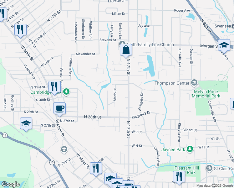 map of restaurants, bars, coffee shops, grocery stores, and more near 12 Marlo Drive in Belleville