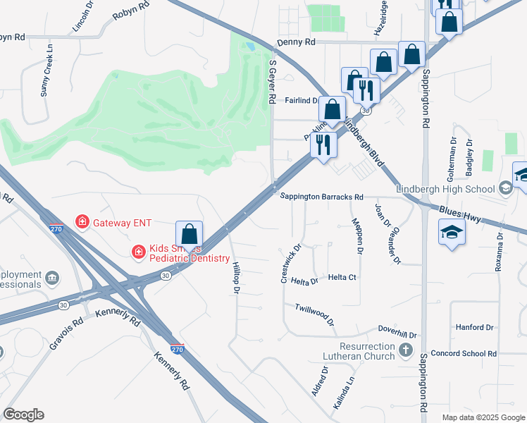 map of restaurants, bars, coffee shops, grocery stores, and more near 11916 State Route 30 in St. Louis