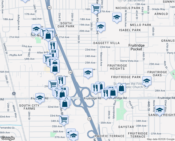 map of restaurants, bars, coffee shops, grocery stores, and more near 3740 26th Avenue in Sacramento