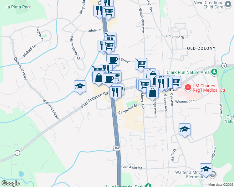 map of restaurants, bars, coffee shops, grocery stores, and more near 101 Charles Street in La Plata