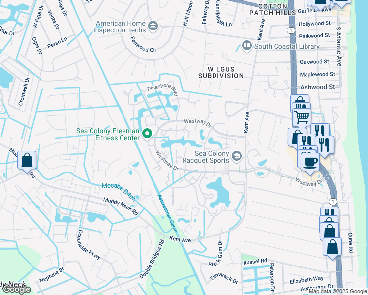 map of restaurants, bars, coffee shops, grocery stores, and more near 53021 Lakeshore Drive in Bethany Beach