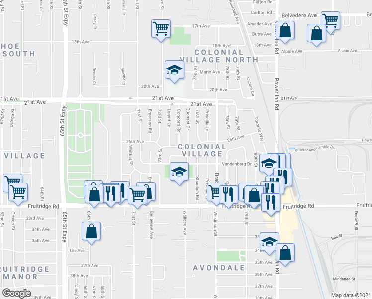 map of restaurants, bars, coffee shops, grocery stores, and more near 7400 25th Avenue in Sacramento