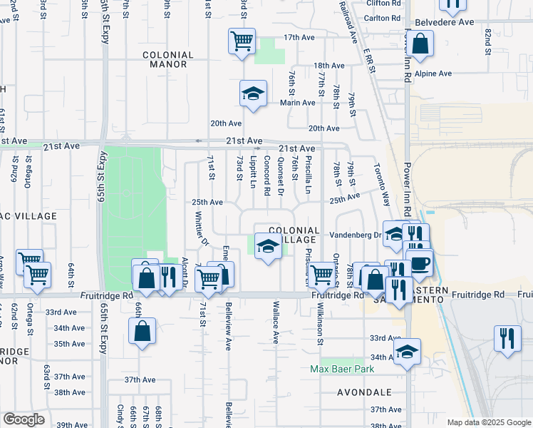 map of restaurants, bars, coffee shops, grocery stores, and more near 7400 25th Avenue in Sacramento